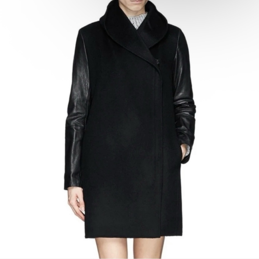 Vince Womens Wool Leather Double Faced Shawl Collar Black Coat Sz Medium Classic